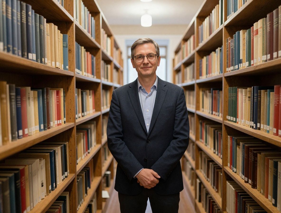 Stara biblioteka z rzędami wysokich regałów pełnych ksiąg, ciepłe bursztynowe oświetlenie padające z lamp na półki, nastrój skupienia i archiwum wiedzy