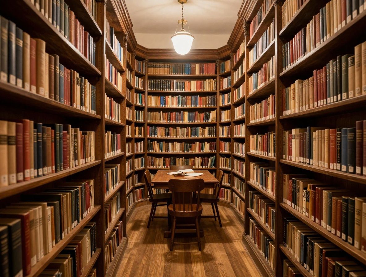 Antyczna biblioteka z wysokimi łukowatymi sklepieniami, setki ksiąg wzdłuż ścian, przyćmione złote oświetlenie tworzące nastrój refleksji i skupienia