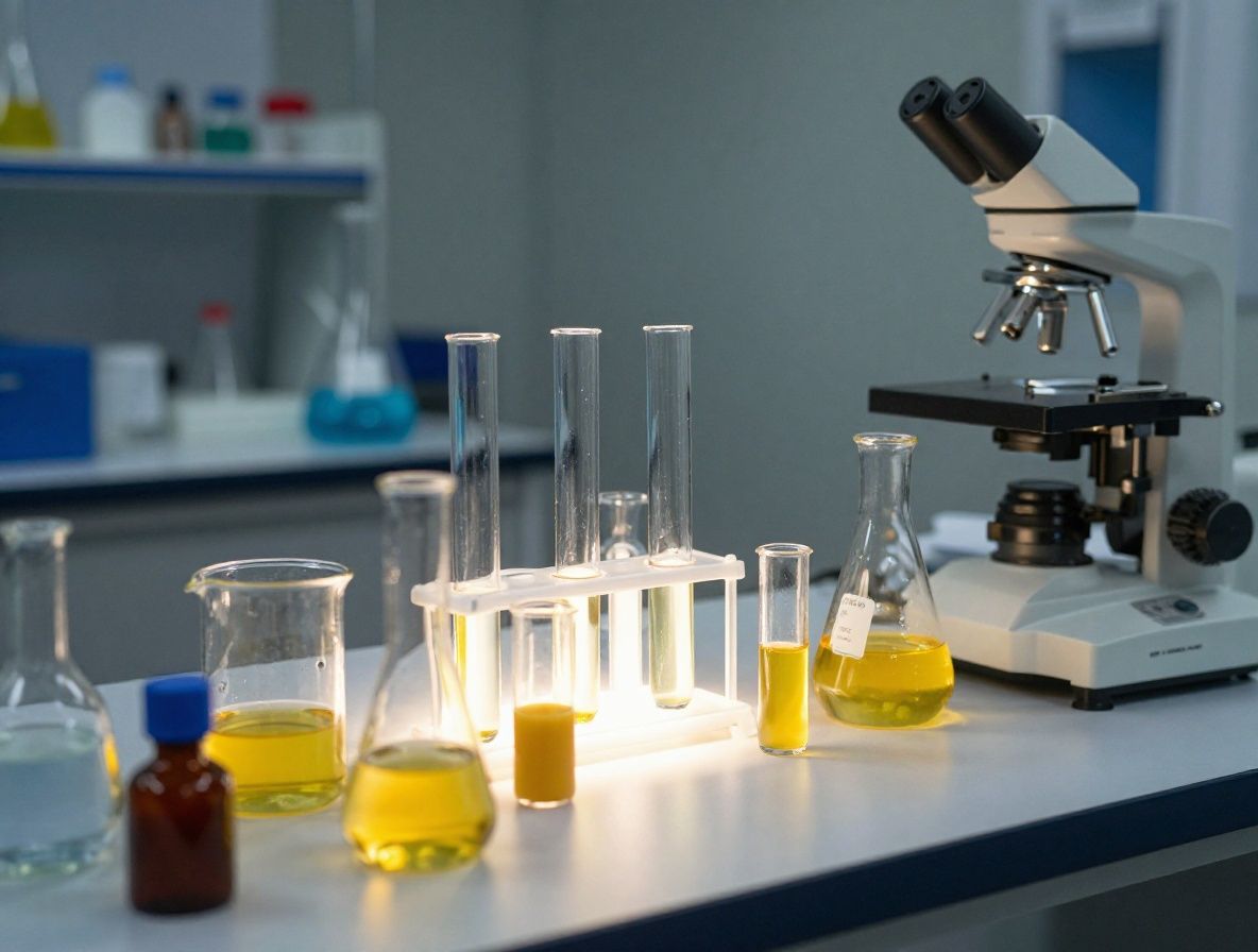 Laboratorium badawcze w ciemnym oświetleniu — rzędy próbówek z kolorowymi odczynnikami, błękitne i złote odbicia światła na szkle, atmosfera precyzji naukowej