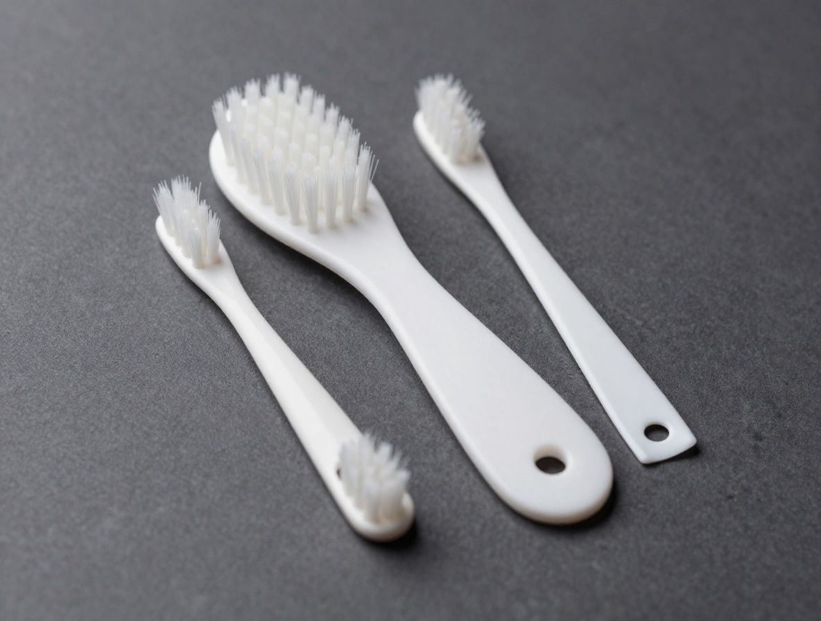 Minimalistyczna kompozycja produktów do pielęgnacji — szczoteczka, żel, kamień do golenia na szarej łazience z betonowym blatem, stonowana paleta kolorów