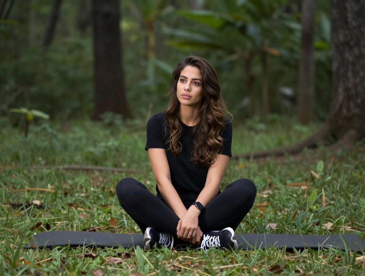 Poranna scena aktywności — człowiek siedzący na skraju wzgórza o świcie z widokiem na mglistą dolinę, symbolizuje nowy dzień i zamyślenie, brak produktów w kadrze